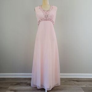 Vintage 1960 IT'S AN ELGIN DRESS Size 4 Pink Chiffon Beaded Empire Formal Gown